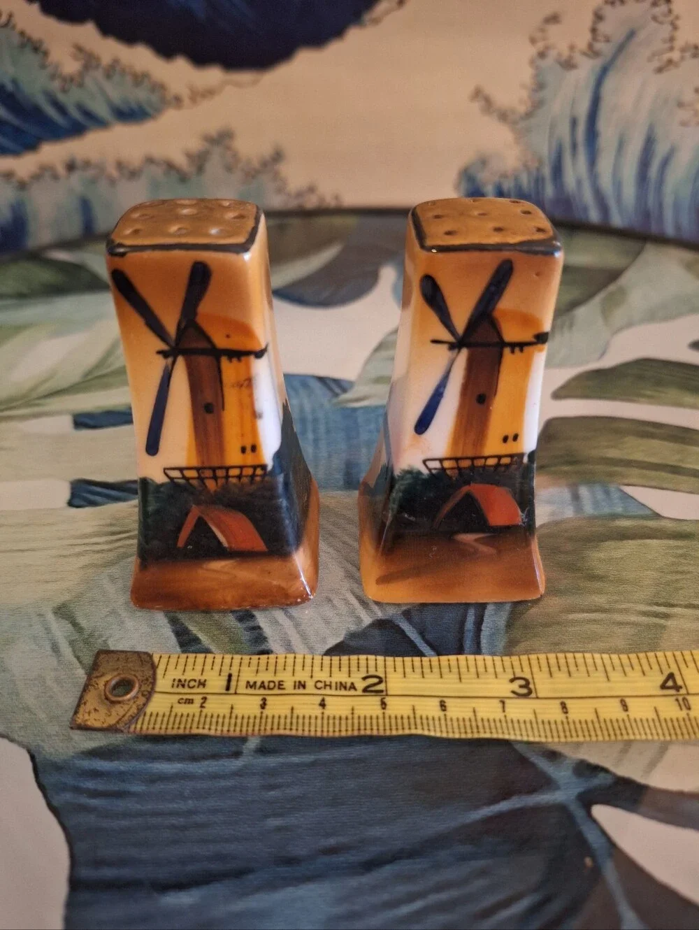 1970s Lusterware Hand-Painted Windmill Salt & Pepper Shakers - Brown & Blue